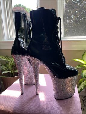 Pleaser Flamingo Boots Black Vinyl with silver glitter base. (Size 9)